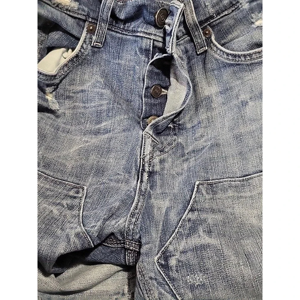 True Religion Double Knee Button Fly Light Blue Jeans Size Men 32x34 Distressed
